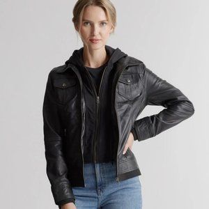 NEW Quince 100% Leather Jacket with Hood Black Sz XL